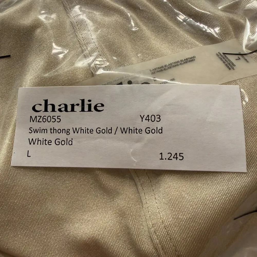 Charlie By MZ Mens Classic Body Swim Thong Color White Gold Size Large
